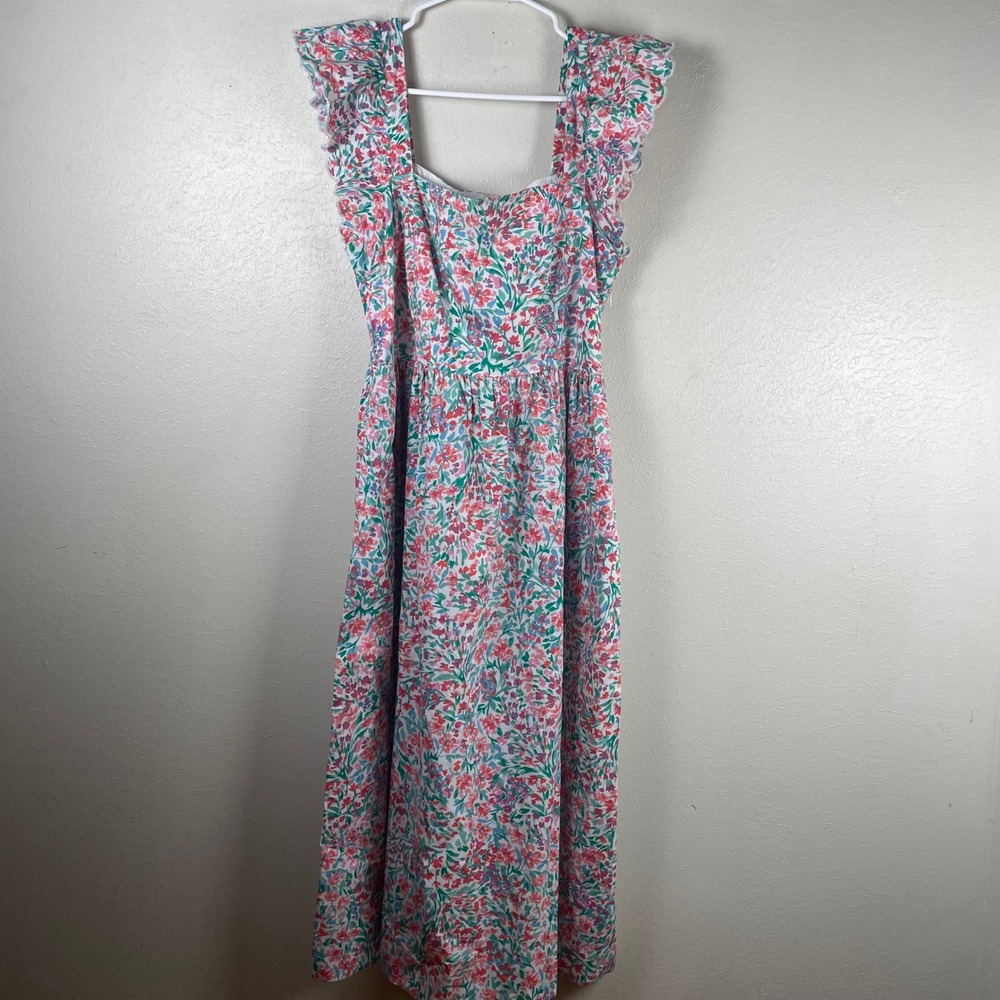 J.Crew Women Floral Square Neck Ruffle Sleeve Midi Dress Multi Color Sz 14